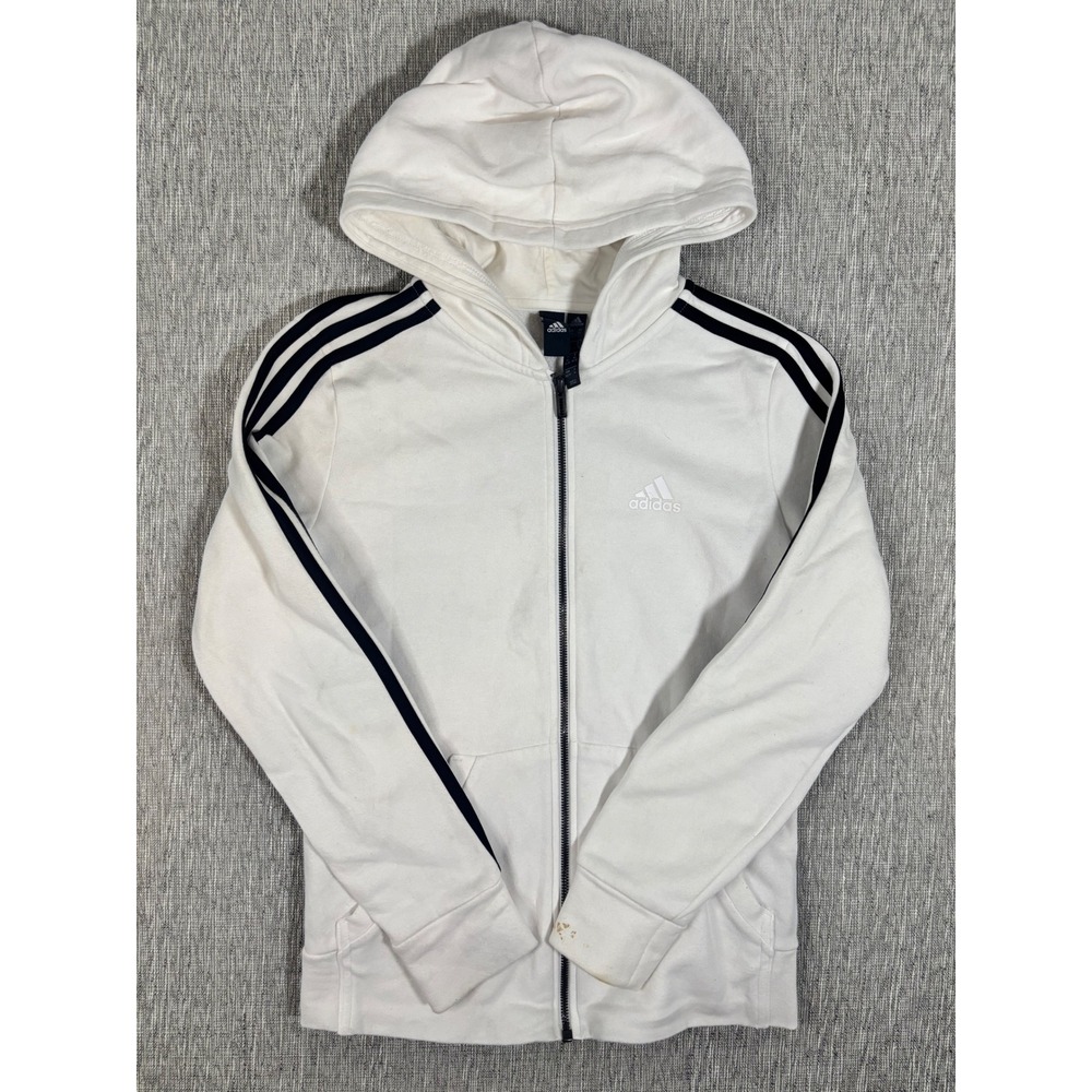 Adidas Full Zip Hoodie White Three Stripe Athletic Sweatshirt XS RN88387